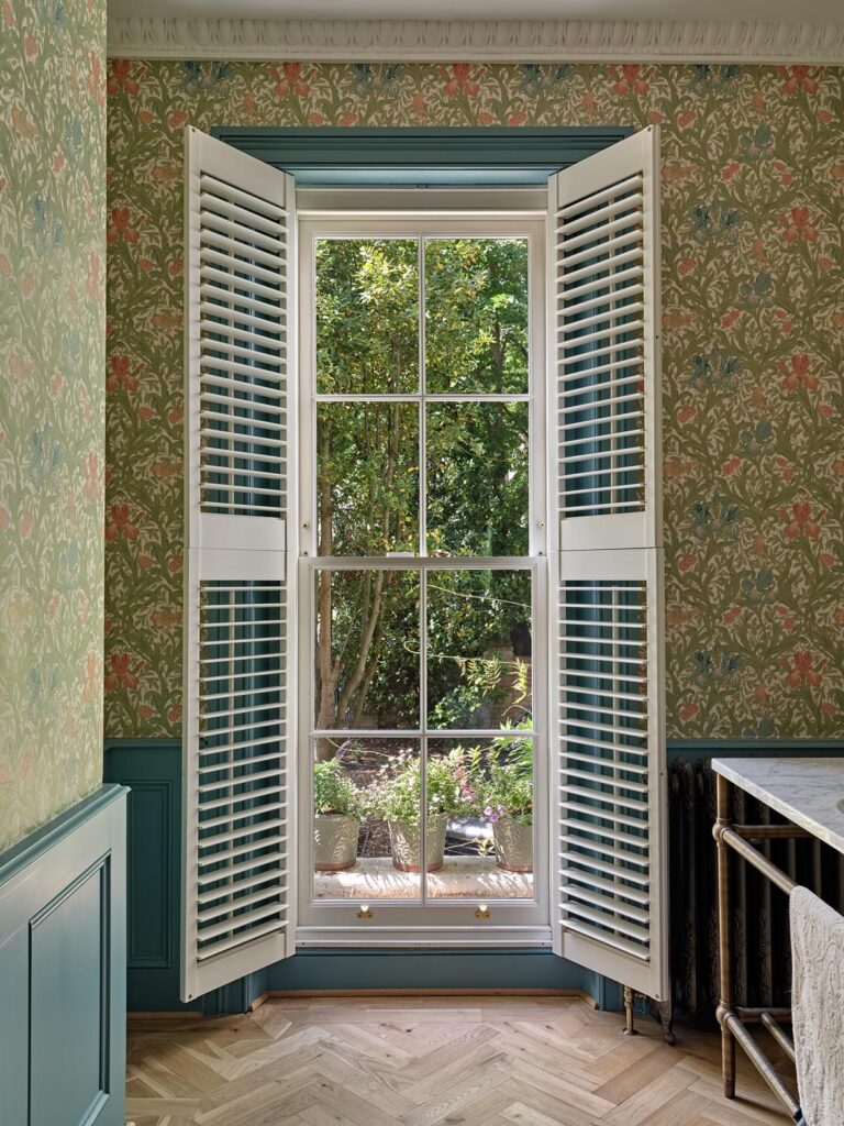 A timber sash window in bathroom