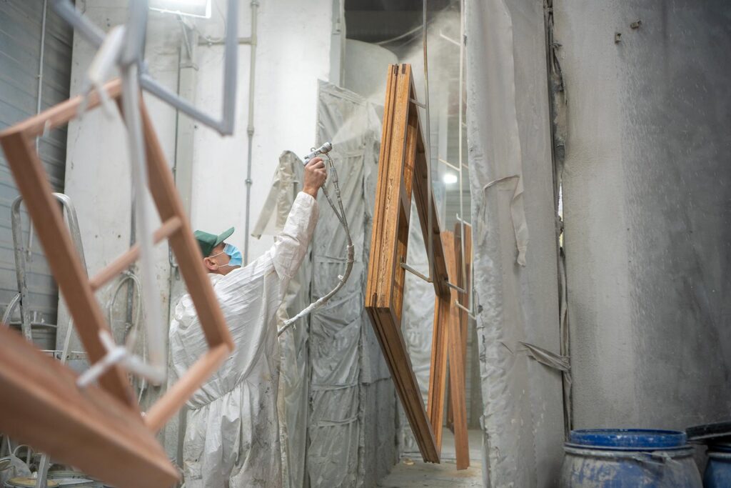 Spraying timber windows in the factory