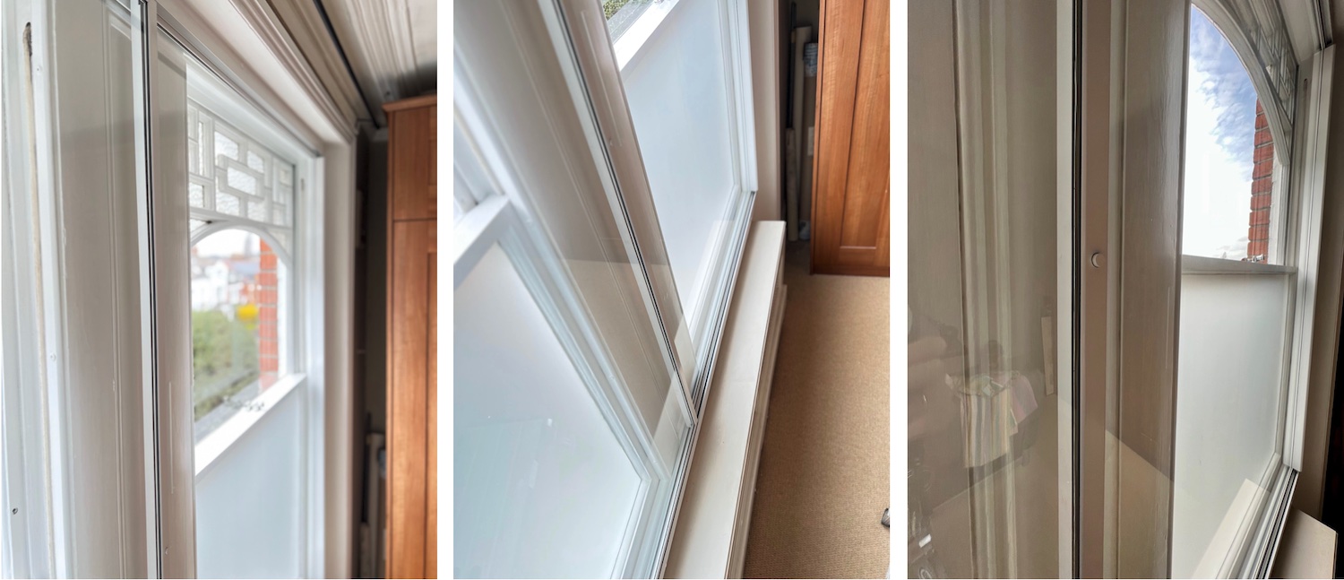 split image showing three images of secondary glazing in front of sash window