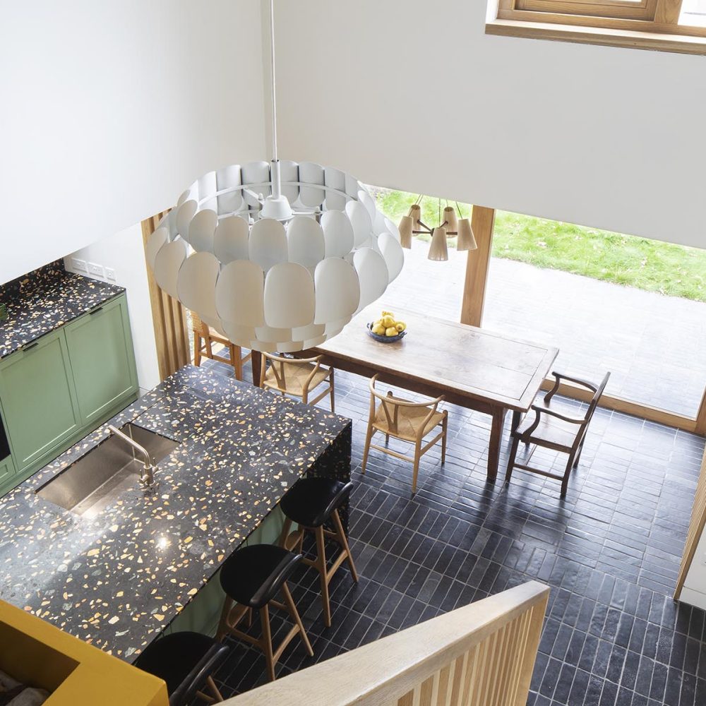 a kitchen with a sliding door