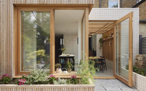 larch sliding window and pivot door viewed externally